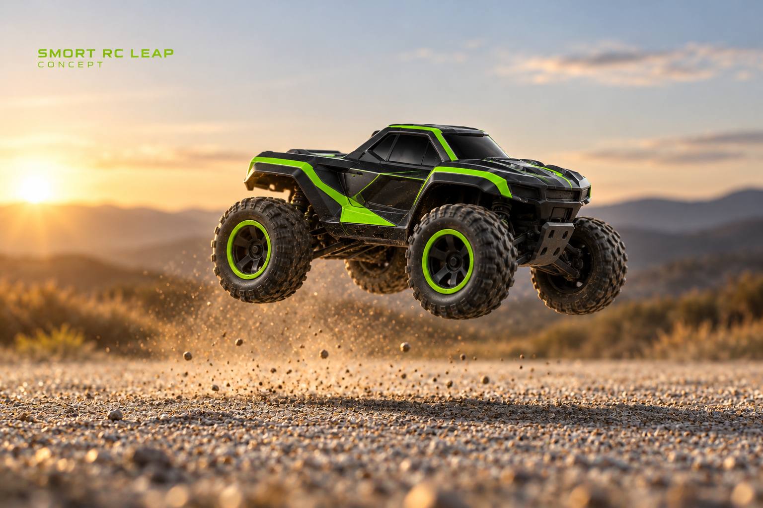 RC truck in mid-air above a gravel road at sunset.