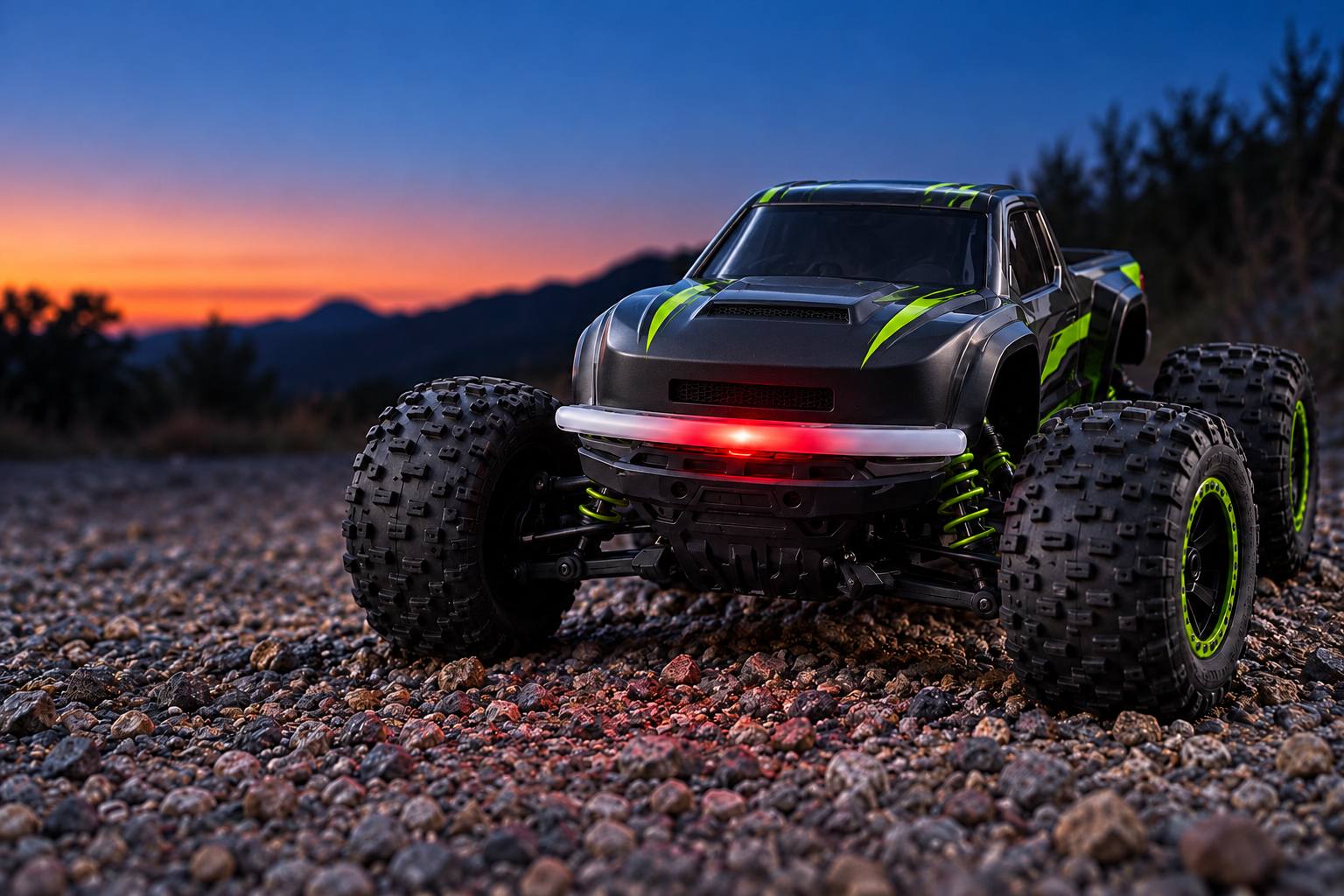 RC truck at dusk with a white light bar across the front bumper and a red light glowing at its center.