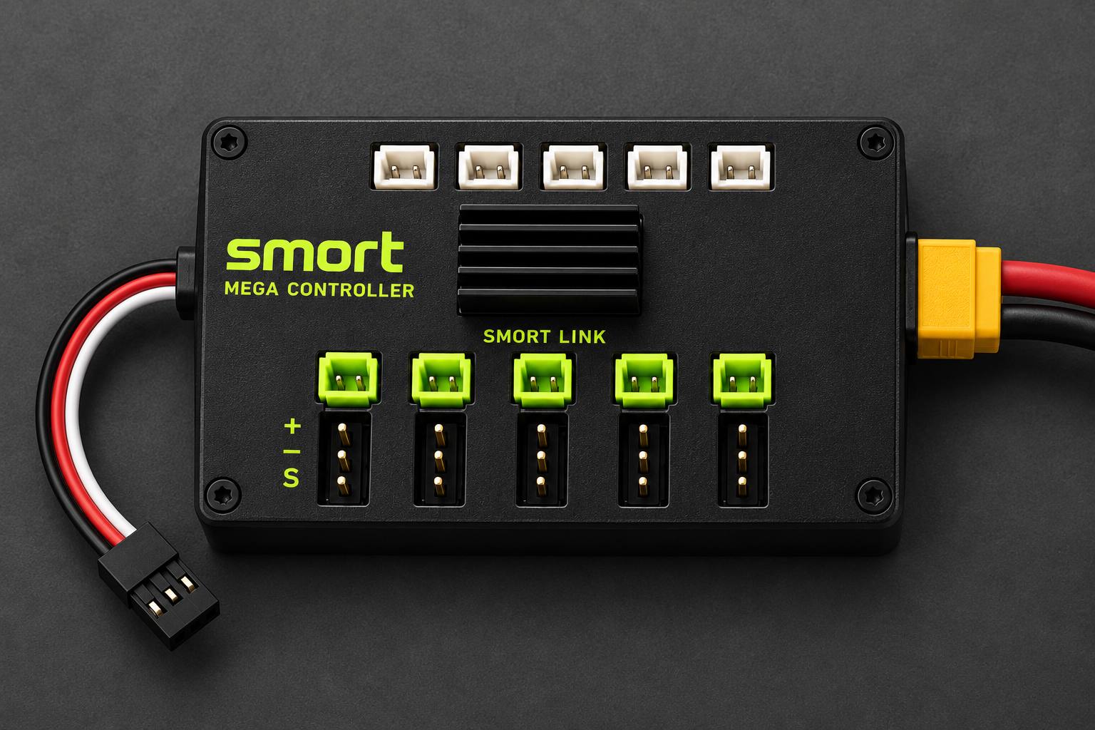 Black controller box with rows of connector ports, a battery plug on one side and a receiver lead on the other.