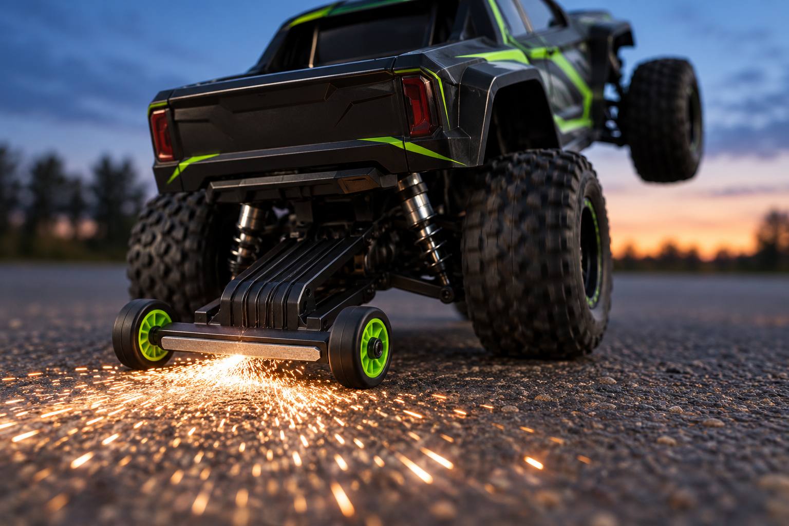 Close-up of a wheelie bar under an RC truck throwing sparks on pavement at dusk.